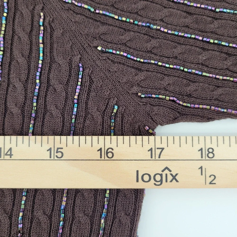 Zelda Womens Small Brown Beaded Cable Knit Cardigan Sweater Rayon Cotton Blend - Picture 9 of 12